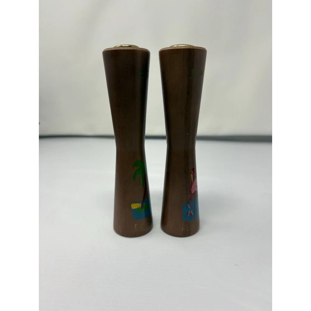 Vintage MCM wooden salt and‎ pepper shakers Florida Danish modern flamingo palm
